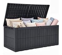 YITAHOME Grande boîte de rangement d'extérieur 833L, boîte de rangement en résine imperméable avec serrure et piston hydraulique, banc pour 3 personnes, coussins de terrasse et outils de jardin