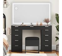 YITAHOME Grande Coiffeuse avec éclairage LED réglable et Prises, avec Miroir, 11 tiroirs et Tabouret, Noire