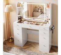 YITAHOME Grande Coiffeuse avec éclairage LED réglable et Prises, Bureau Transparent, Coiffeuse avec 9 tiroirs divisés, Blanche
