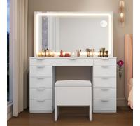 YITAHOME Grande Coiffeuse avec éclairage LED réglable et Prises électriques, Coiffeuse avec Miroir, Toit en Verre Transparent, 11 tiroirs et Tabouret, Blanc