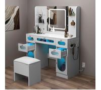 YITAHOME Grande Coiffeuse avec Miroir LED et Prises 3 Couleurs Luminosité Réglable, Bureau Coiffeuse avec Tabouret, Blanche