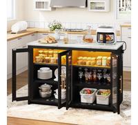 YITAHOME Îlot de cuisine avec prise de courant et lumières LED, table de bar pour petit déjeuner avec espace salon, armoires doubles avec portes en acrylique, armoire réglable à trois couches, 130 x