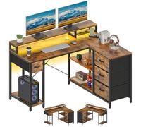 YITAHOME L Form Bureau avec Prise de Charge USB et Prise,Bureau d'angle réversible avec 4 tiroirs et étagère,140x100 cm Tableau d'ordinateur,Marron