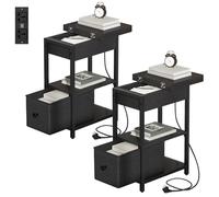 YITAHOME Lot de 2 Table d’Appoint Étroite avec Tiroir et Station de Charge, Ports USB, Bout de Canapé avec Espace de Rangement, Table de Chevet pour Salon, Chambre, Noir