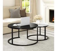YITAHOME Lot de 2 Tables Basses gigognes Rondes pour Salon, Tables Basses en Bois avec Cadre en métal Robuste, Noir et Blanc