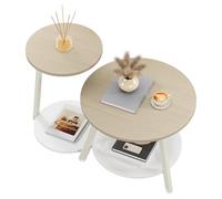 YITAHOME Lot de 2 Tables Basses Rondes, Tables Basses Gigognes avec Table d'appoint en Forme de C, Table de Canapé avec Espace de Stockage, Poste de Travail Salon, Chambre à Coucher, Beige
