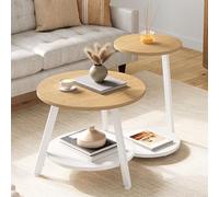 YITAHOME Lot de 2 Tables Basses Rondes, Tables Basses Gigognes avec Table d'appoint en Forme de C, Table de Canapé avec Espace de Stockage, Poste de Travail Salon, Chambre à Coucher, Bois Naturel