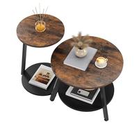 YITAHOME Lot de 2 Tables Basses Rondes, Tables Basses Gigognes avec Table d'appoint en Forme de C, Table de Canapé avec Espace de Stockage, Poste de Travail Salon, Chambre à Coucher, Brun Rustique