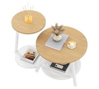 YITAHOME Lot de 2 Tables Basses Rondes, Tables Basses Gigognes avec Table d'appoint en Forme de C, Table de Canapé avec Espace de Stockage, Poste de Travail Salon, Chambre à Coucher, Bois Naturel