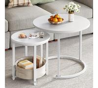 YITAHOME Lot de 2 Tables Basses Rondes, Tables Basses Gigognes Modernes avec Sac en Tissu pour Espace de Rangement, Table d'appoint Empilable avec Cadre en Métal, Table de Canapé, Salon, Blanc