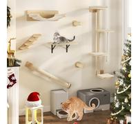 YITAHOME 7PCS Étagère Murale pour Chat, Arbre à Chat Mural en Bois, Mur d'escalade pour Chat avec 3 Griffoirs/4 Marches Escalier pour Chat/Hamac/Lit pour Chat, Arbre à Chat Mural avec 4 Plates-Formes