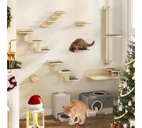 YITAHOME Lot de 8 Murs d'escalade pour Chat, Arbre à Chat Mural avec 1 Escalier/2 Plates-Formes et 2 échelles avec Tapis Antidérapants/1 Poteau en Sisal avec Grande Plate-Forme/Lit avec 2 Gamelles
