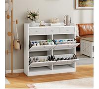 YITAHOME Meuble à Chaussures avec 4 Tiroirs Pivotants, Armoire à Chaussures avec 3 Tiroirs en Tissu et Étagère Réglable, Blanc