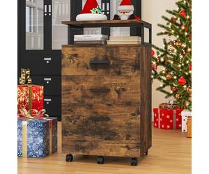 YITAHOME Meuble Rangement Bureau, Caisson 3 Tiroirs Étagère Ouverte, Sideboard, pour Documents, Support d'imprimante sur 5 roulettes Mobile, Caisson de Burea (Marron Rustique)