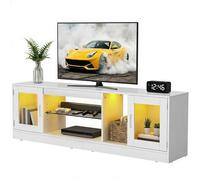 YITAHOME Meuble TV de 160 cm avec 7 LED RVB avec 2 armoires fermées, 3 étagères Ouvertes et étagère en Verre réglable, Centre de Divertissement Moderne pour Le Salon, 160 x 32 x 51 cm