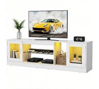 YITAHOME Meuble TV de 180 cm avec 7 LED RVB - avec 2 armoires fermées, 3 étagères Ouvertes et étagère en Verre réglable - Centre de Divertissement Moderne pour Le Salon - 180 x 32 x 51 cm
