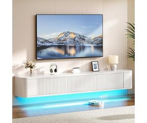 YITAHOME Meuble TV Flottant de 180 cm, étagères murales avec lumière LED RVB, Console multimédia TV Blanche Brillante, Grand Espace de Rangement pour Salon et Chambre à Coucher