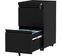 YITAHOME 2 Tiroirs Caisson de Bureau, Métal Caisson Tiroir Bureau Domicile avec Serrure, Meuble de Bureau Mobile Caisson de Rangement avec roulettes pour Dossiers Suspendus, Noir, 51 x 39 x 71cm