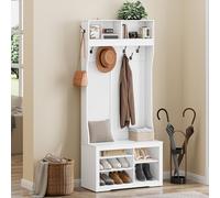 YITAHOME Porte-Manteau avec Banc, Meuble d’Entrée, avec Étagères à Chaussures, Étagères Réglables, 5 Crochets et Le Top Compartiments Ouverts, 80 x 35 x 180.5 cm pour Entrée, Couloir, Blanc