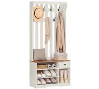 YITAHOME Porte-Manteau avec Banc, Meuble d’Entrée, avec Étagères à Chaussures, Étagères Réglables, 7 Crochets, avec Tiroir en Tissu Amovible, 80 x 35 x 180 cm pour Entrée, Couloir, Blanc Grain Bois