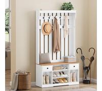 YITAHOME Porte-Manteau avec Banc, Meuble d’Entrée, avec Étagères à Chaussures, Étagères Réglables, 9 Crochets, avec 2 Tiroir en Tissu Amovible, 100 x 35 x 180cm pour Entrée, Couloir, Blanc Grain Bois