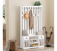 YITAHOME Porte-Manteau avec Banc, Meuble d’Entrée, avec Étagères à Chaussures, Étagères Réglables, 9 Crochets, avec 2 Tiroir en Tissu Amovible, 100 x 35 x 180 cm pour Entrée, Couloir, Blanc