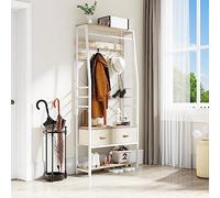 YITAHOME Portemanteau, Arbre d'entrée 6 en 1 avec 2 Tiroirs, Porte-Manteau sur Pied avec Rangement à Chaussures, Porte-vêtements en Bois et Métal, pour Salon Entrée Chambre à Coucher, Blanc et Chêne