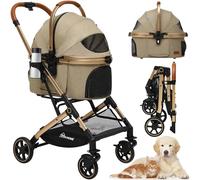 YITAHOME Poussette 3 en 1 pour Chien, Pliable en un Clic avec Panier de Rangement Amovible, Porte-Gobelet, Siège de Voiture (Kaki)