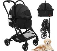 YITAHOME Poussette pliable pour chien de taille moyenne 15 kg avec panier de rangement amovible, porte-gobelet, sac de transport pour animal domestique sur 4 roues (noir)