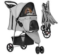 YITAHOME Poussette pliable pour chien et chat, 15 kg, avec 3 roues, fenêtres en filet, porte-gobelet et freins, convient aux animaux de compagnie de taille moyenne gris clair