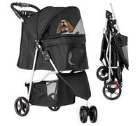 YITAHOME Poussette pliable pour chien et chat de 15 kg avec 3 roues, fenêtres en filet, porte-gobelet et freins, convient aux animaux de compagnie de taille moyenne - Noir