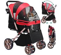 YITAHOME Poussette pliable pour petits chiens, poussette pour animal domestique avec poignée réversible, fenêtres en maille, porte-gobelet, roues pivotantes à 360° en EVA avec freins (rouge)