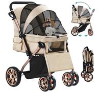 YITAHOME Poussette pliable pour petit chien avec poignée réversible, fenêtres en filet, porte-gobelet, roues EVA pivotantes à 360° avec freins (beige)