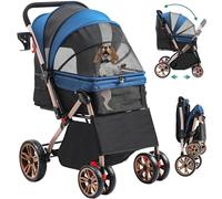YITAHOME Poussette pliable pour petit chien avec poignée réversible, fenêtres en maille, porte-gobelet, roues EVA pivotantes à 360° avec freins (bleu)