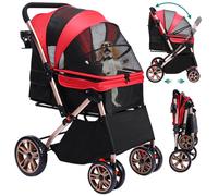 YITAHOME Poussette pour Chien Chat - avec Panier de Rangement - 4 Roulettes - Porte Gobelet - Pliable - Rouge