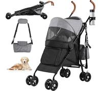 YITAHOME Poussette pour chiens de petite et moyenne taille, poussette pour chien à 4 roues avec bretelles, chariot de voyage pliable avec porte-gobelet et sac de rangement (gris noir)