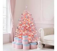 YITAHOME Sapin de Noël Lumineux floqué Rose de 1,37 m, en épicéa Rose, avec 400 Pointes en PVC floquées et 200 lumières Blanches Chaudes pour la décoration de la Maison