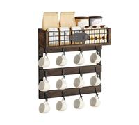 YITAHOME Porte-tasses mural avec 12 crochets, étagère de rangement en métal avec garde-corps, organiseur de tasse noir rustique pour cuisine, salle à manger et café bar