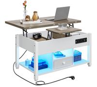 YITAHOME Table Basse à LED RGB Contrôle par APP avec Plateau Relevable, Table Basse Multifonctionnelle 4 en 1 pour Salon, Bureau avec Etagère de Rangement Compartiment Caché, Blanc et Gris