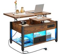YITAHOME Table Basse à LED RGB Contrôle par APP avec Plateau Relevable, Table Basse Multifonctionnelle 4 en 1 pour Salon, Bureau avec Etagère de Rangement Compartiment Caché, Marron Rustique