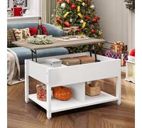 YITAHOME Table Basse à Plateau Relevable, Rangement à 2 Niveaux, Table Basse à Hauteur Réglable avec Compartiment de Rangement Caché et Étagère pour Salon, Bureau, Blanc et Gris