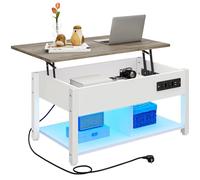 YITAHOME Table Basse avec Plateau Relevable, Table Basse à LED Contrôle par APP pour Salon, Bureau avec Etagère de Rangement Compartiment Caché, Marbre Blanc