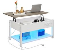 YITAHOME Table Basse avec Plateau Relevable, Table Basse à LED Contrôle par APP pour Salon, Bureau avec Etagère de Rangement Compartiment Caché, Marbre Blanc