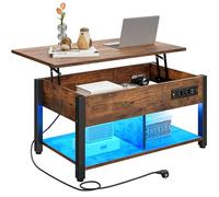 YITAHOME Table Basse avec Plateau Relevable, Table Basse à LED Contrôle par APP pour Salon, Bureau avec Etagère de Rangement Compartiment Caché, Marron Rustique