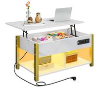 YITAHOME Table Basse avec Plateau Relevable, Table Basse à LED Contrôle par APP pour Salon, Bureau avec Etagère de Rangement Compartiment Caché, Marron Rustique