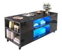 YITAHOME Table Basse de Salon Haute Brillance, Moderne Tables Basses à LED avec Etagère Ouverte et Etagère Réglable, Rectangulaire, Noire, 97,5 x 48 x 45 cm