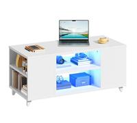 YITAHOME Table Basse de Salon Haute Brillance, Moderne Tables Basses à LED avec Etagère Ouverte et Etagère Réglable, Rectangulaire, Blanc, 97,5 x 48 x 45 cm