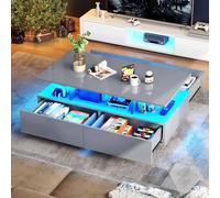 YITAHOME Table Basse Grise, Table de Salon Laquée avec Éclairage LED à 16 Couleurs Moderne, Table d'Appoint Grise avec Étagère Exposée Ouverte et 4 Tiroirs Extensibles 90x55x41,1 cm