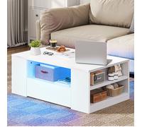 YITAHOME Table Basse Moderne avec Lumière LED 16 Couleurs, Table Blanc avec Étagère Ouverte, 2 Tiroirs Coulissants 90 x 55 x 37 cm