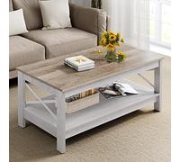 YITAHOME Table Basse Rectangulaire, Table Basse Salon Bois, Double Epaisseur de Bois, Support Latéral en Métal Forme de X, 100x55,3x45cm